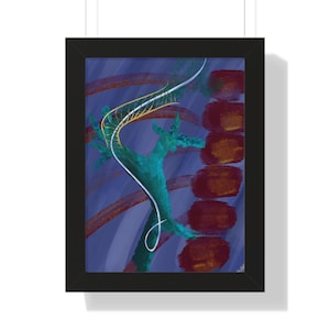 May include: Abstract painting of a seahorse with a blue, green, and gold color scheme. The background is a dark purple with hints of red and orange.