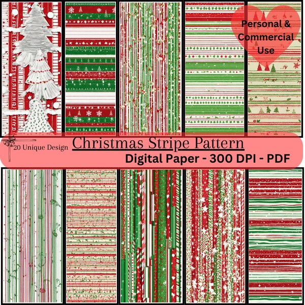 Christmas Stripes Digital Paper, Xmas Candy Cane Patterns, Seamless Scrapbook Backgrounds, Festive Crafting, Holiday Gift INSTANT DOWNLOAD