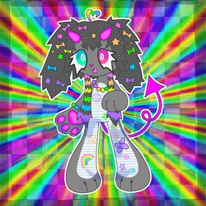May include: A cartoon illustration of a gray creature with pink horns, a heart-shaped headpiece, and a purple tail. The creature has colorful eyes, a striped scarf, and is decorated with bows, stars, and smiley faces. The background is a vibrant rainbow pattern.