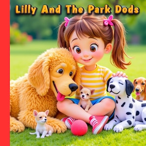 May include: A colorful illustration features a young girl surrounded by several dogs of different breeds. The text "Lilly And The Park Dods" is displayed at the top. The girl is wearing a yellow and white striped shirt and blue shorts.