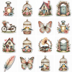 Collection de cliparts fantaisiste d'inspiration vintage - Flacons de parfum floraux, cages à oiseaux et maisons de charme pour travaux manuels et décoration