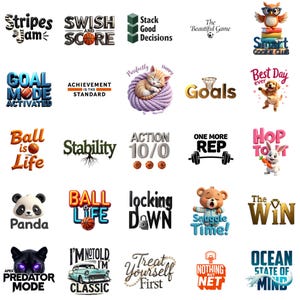 Peut inclure: Une collection de graphismes colorés avec du texte et des illustrations. Les motifs incluent des phrases telles que "Stack Good Decisions", "Goals", "Ball is Life", et "Nothing But Net". D'autres motifs présentent des animaux et des thèmes sportifs.