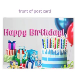 Biglietti di auguri, biglietti di compleanno con strisce blu e bianche con candele accese colorate, articoli di cancelleria per feste, inviti per feste