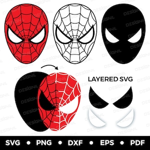 May include: Layered SVG design of a red and black Spider-Man mask. The design includes a black outline, red web pattern, and white eyes. The design is layered for easy cutting and layering.