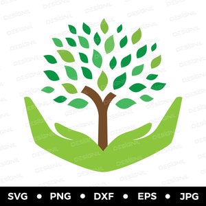 May include: A green tree with leaves growing from two outstretched hands. The hands are green and the tree trunk is brown.