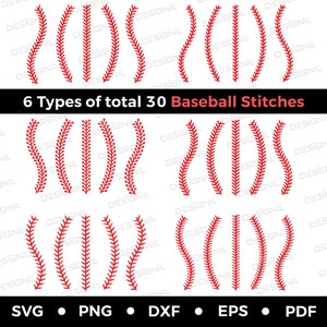 Puede incluir: Seis estilos diferentes de diseños de costuras de béisbol rojas, cada uno repetido cinco veces, para un total de 30 costuras. Los diseños están dispuestos en tres filas de cinco costuras cada una. El texto "6 Types of total 30 Baseball Stitches" está en la parte superior de la imagen. El texto "SVG • PNG • DXF • EPS • PDF" está en la parte inferior de la imagen.