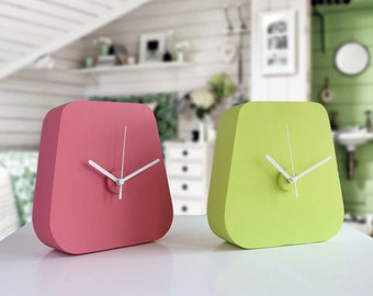 Geometric table clocks for shelves, Set of two desk clocks mauve pink and lime green, Funky and fun clocks, Gift for bedroom decoration