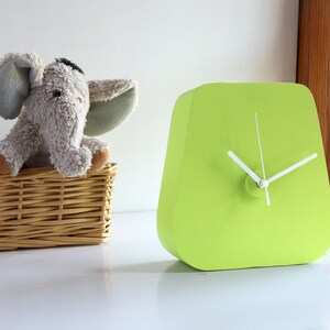 Triangle green desk clock for colourful decoration, Funky plaster table clock in chartreuse green for modern decoration, Original room decor image 4