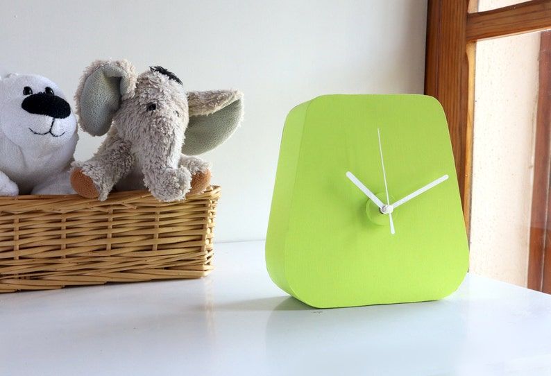 Triangle green desk clock for colourful decoration, Funky plaster table clock in chartreuse green for modern decoration, Original room decor image 4