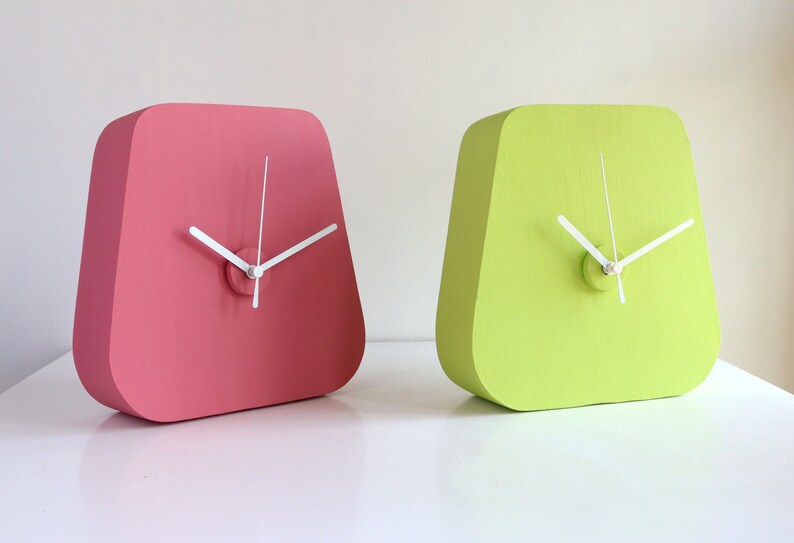 Triangle green desk clock for colourful decoration, Funky plaster table clock in chartreuse green for modern decoration, Original room decor image 6