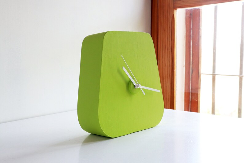 Triangle green desk clock for colourful decoration, Funky plaster table clock in chartreuse green for modern decoration, Original room decor image 1