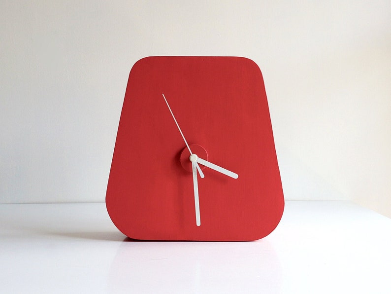 Mid Century modern desk clock, Triangle Red table clock, Unique desk clock, Strawberry red clock, Minimalist analog clock, Housewarming image 1