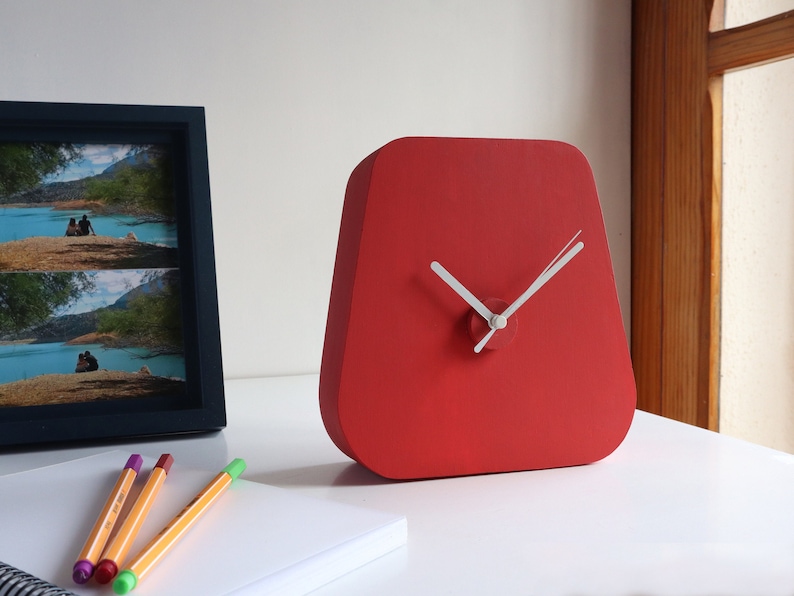 Mid Century modern desk clock, Triangle Red table clock, Unique desk clock, Strawberry red clock, Minimalist analog clock, Housewarming image 5