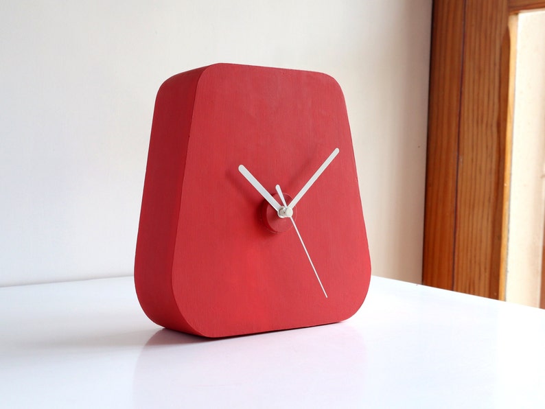 Mid Century modern desk clock, Triangle Red table clock, Unique desk clock, Strawberry red clock, Minimalist analog clock, Housewarming image 2