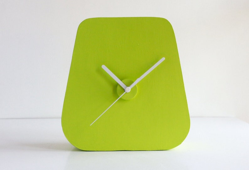 Triangle green desk clock for colourful decoration, Funky plaster table clock in chartreuse green for modern decoration, Original room decor image 2