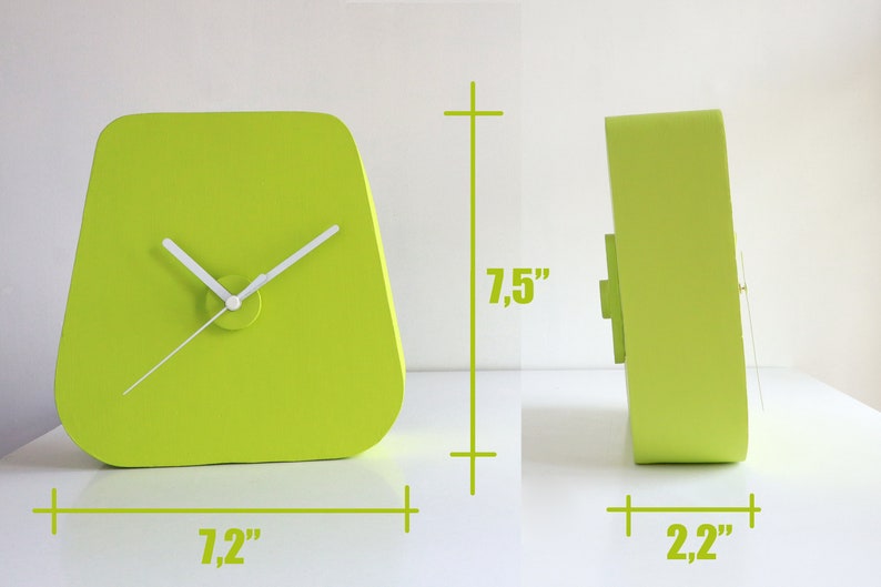 Triangle green desk clock for colourful decoration, Funky plaster table clock in chartreuse green for modern decoration, Original room decor image 7