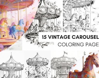 Carousel Horse Coloring Book for Adults, Floral Horse Coloring Pages for Adults PDF, Vintage Floral Carousel Coloring Book Digital Download