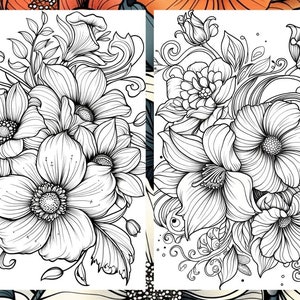 Puede incluir: Un dibujo en blanco y negro de un ramo de flores. Las flores est&aacute;n en plena floraci&oacute;n y tienen detalles intrincados. El dibujo est&aacute; sobre un fondo blanco.