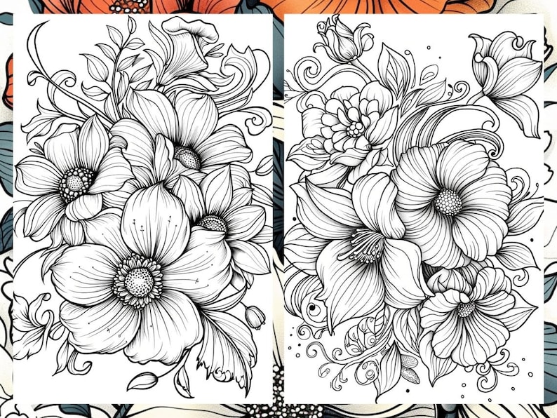Puede incluir: Un dibujo en blanco y negro de un ramo de flores. Las flores est&aacute;n en plena floraci&oacute;n y tienen detalles intrincados. El dibujo est&aacute; sobre un fondo blanco.