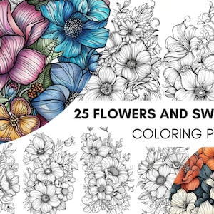 May include: A coloring page featuring 25 flowers and swirls. The image is in black and white, with a title that reads "25 Flowers and Swirls Coloring Page".
