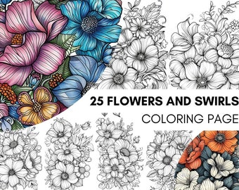25 Malseiten mit Blumen- und Spiralmustern, PDF, Graustufen-Malbuch für Erwachsene, Jugendliche und Kinder