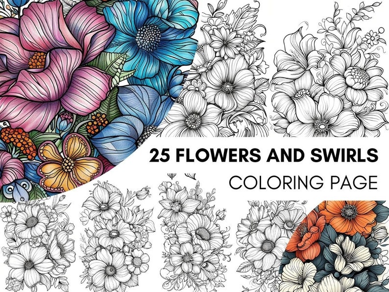 Puede incluir: Una p&aacute;gina para colorear con 25 flores y remolinos. La imagen est&aacute; en blanco y negro, con un t&iacute;tulo que dice "25 Flores y Remolinos P&aacute;gina para Colorear".