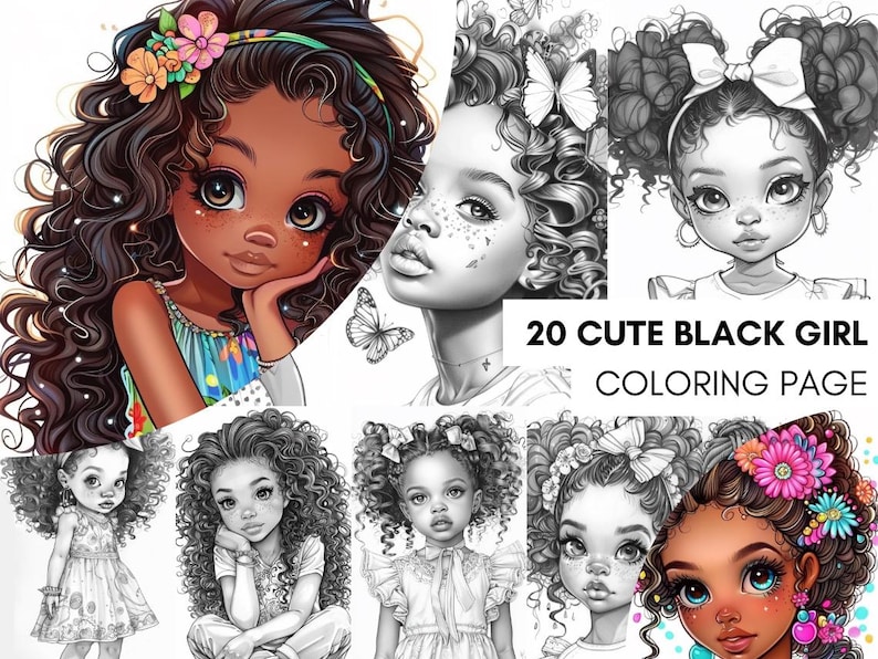 Cute Little Black Women Coloring Book Page, Manga Anime Women Coloring Pages for Adult, Hair Coloring Book, Printable PDF, Instant Download