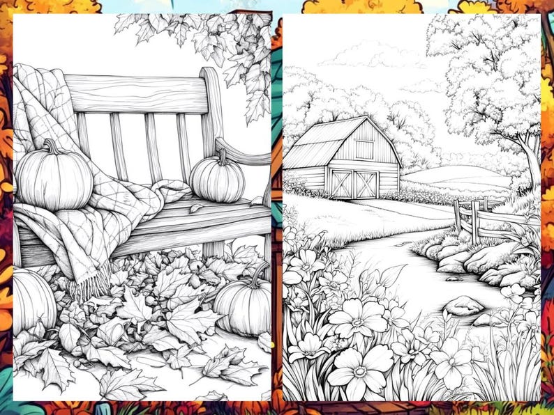 Fall Coloring Book Autumn Landscape Coloring Pages, Pumpkin Coloring Sheets for Adult Digital Download PDF, Enchanted Forest Printable Book