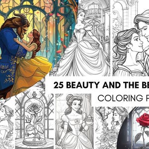 25 Beauty and the Beast Coloring Book, Printable Fairytale Princess Coloring Pages, Grayscale Coloring Book for Adults and Kids, Fantasy Art