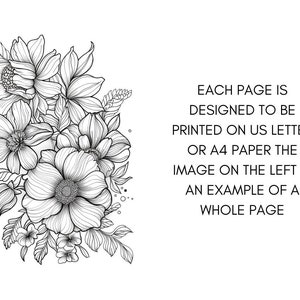Puede incluir: Un dibujo en blanco y negro de un ramo de flores. Las flores est&aacute;n dispuestas en un grupo e incluyen varios tipos de flores, como rosas, lirios y margaritas. El dibujo es detallado e intrincado, con l&iacute;neas y sombreados delicados. El texto "EACH PAGE IS DESIGNED TO BE PRINTED ON US LETTER OR A4 PAPER THE IMAGE ON THE LEFT IS AN EXAMPLE OF A WHOLE PAGE" est&aacute; escrito en la esquina inferior derecha de la imagen.