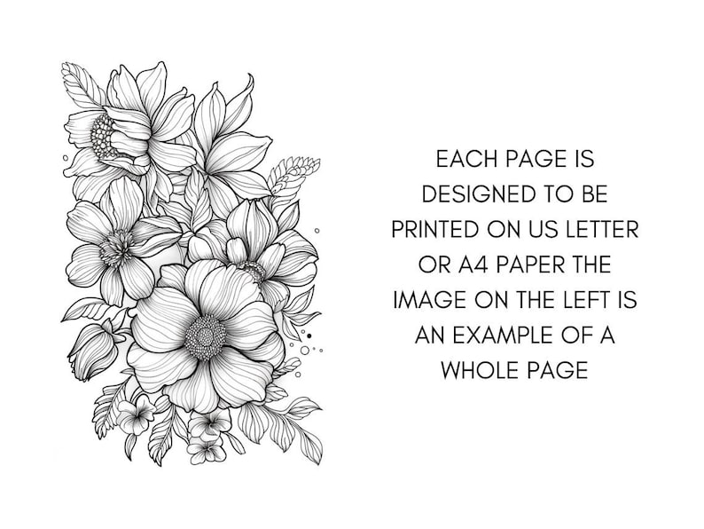 Puede incluir: Un dibujo en blanco y negro de un ramo de flores. Las flores est&aacute;n dispuestas en un grupo e incluyen varios tipos de flores, como rosas, lirios y margaritas. El dibujo es detallado e intrincado, con l&iacute;neas y sombreados delicados. El texto "EACH PAGE IS DESIGNED TO BE PRINTED ON US LETTER OR A4 PAPER THE IMAGE ON THE LEFT IS AN EXAMPLE OF A WHOLE PAGE" est&aacute; escrito en la esquina inferior derecha de la imagen.