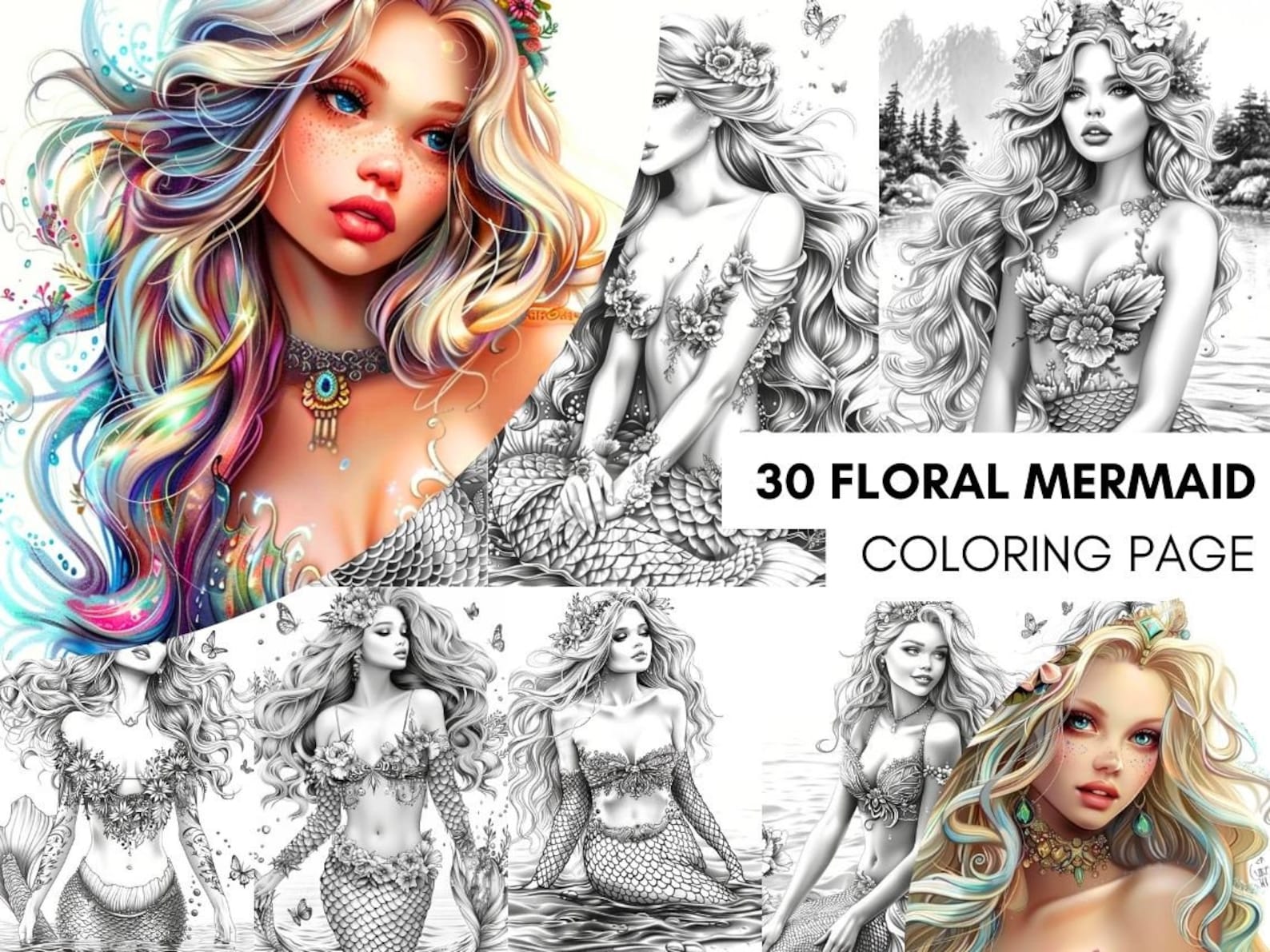 Magical Mermaid Coloring Pages, Mystical Mermaid Coloring Book, Mermaid ...