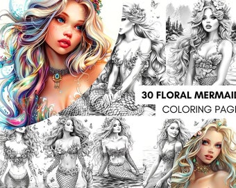 Magical Mermaid Coloring Pages, Mystical Mermaid Coloring Book, Mermaid Coloring Sheet, Coloring Pages of Flowers, Coloring Book for Relax