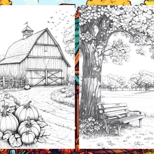 Fall Coloring Book Autumn Landscape Coloring Pages, Pumpkin Coloring Sheets for Adult Digital Download PDF, Enchanted Forest Printable Book