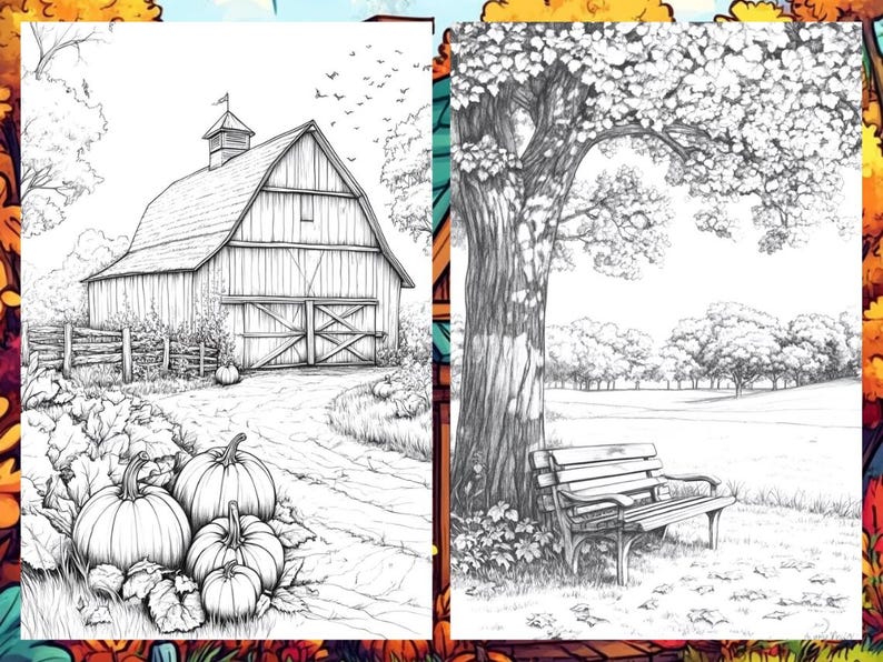 Fall Coloring Book Autumn Landscape Coloring Pages, Pumpkin Coloring Sheets for Adult Digital Download PDF, Enchanted Forest Printable Book