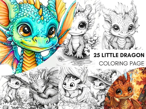 Libro de colorear de Lindos Bebés Dragones, Páginas de Colorear Bebés Dragones, Descarga Páginas del Libro para Colorear, Para Adultos