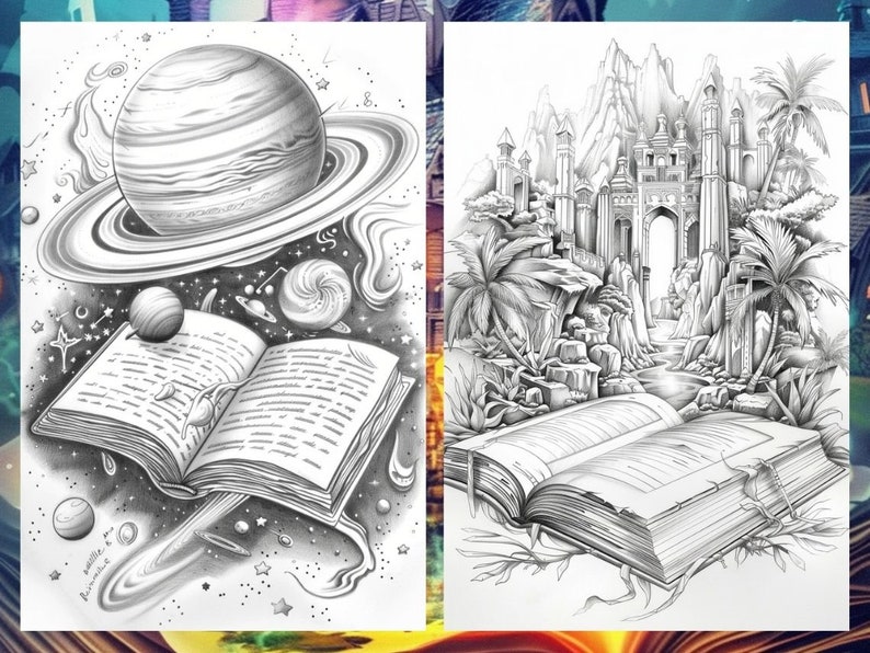 May include: A black and white illustration of an open book with a galaxy and planets above it. The book is open to a page with text. The galaxy is filled with stars and a comet.
