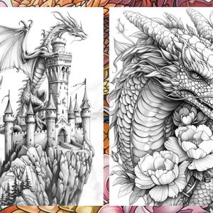 Op de afbeelding: Twee zwart-wit illustraties van draken. De eerste afbeelding toont een draak die op een toren van een kasteel zit. De tweede afbeelding toont een drakenkop met bloemen.