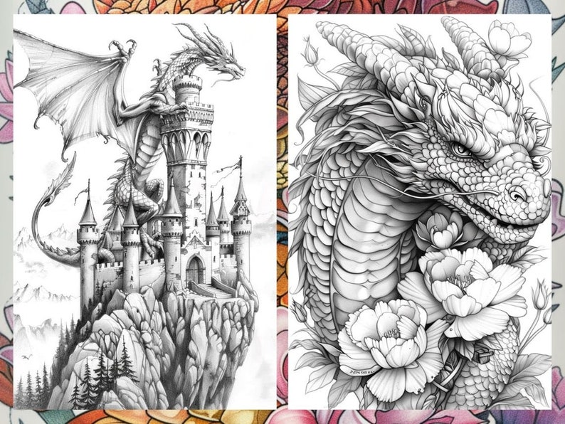 Op de afbeelding: Twee zwart-wit illustraties van draken. De eerste afbeelding toont een draak die op een toren van een kasteel zit. De tweede afbeelding toont een drakenkop met bloemen.