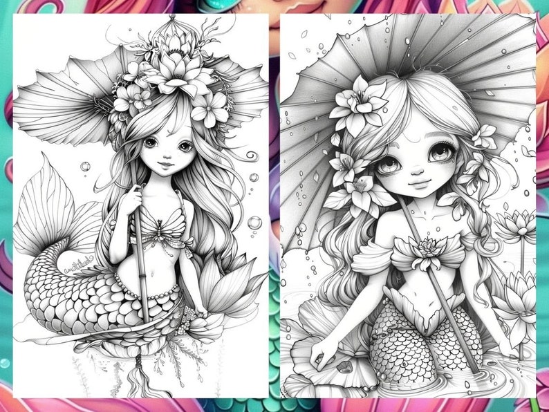 Cute little mermaid, Fantasy Coloring, Adult Coloring Pages