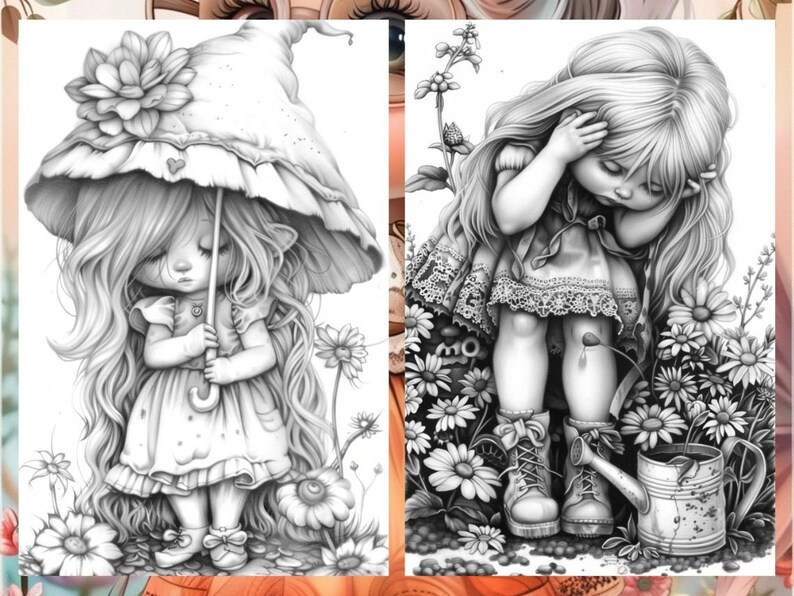 Garden Cute Gnome Coloring Pages, Gnome Coloring Book, Enchanted Garden, Grayscale Coloring Book, Little Gnome Coloring Sheet, Printable PDF