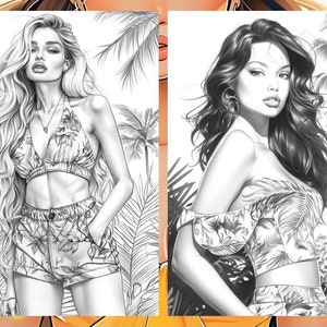 Summer Fashion Girl Coloring Book, Tropical Pages Women Adult Printable, Beach Theme Coloring Pages Adult, Instant Download PDF