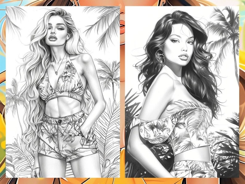 Summer Fashion Girl Coloring Book, Tropical Pages Women Adult Printable, Beach Theme Coloring Pages Adult, Instant Download PDF