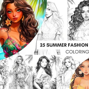 Summer Fashion Girl Coloring Book, Tropical Pages Women Adult Printable, Beach Theme Coloring Pages Adult, Instant Download PDF