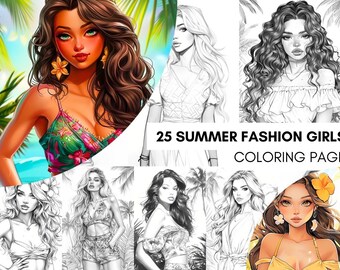 Summer Fashion Girl Coloring Book, Tropical Pages Women Anime Manga Adult Printable, Beach Theme Coloring Pages Adult, Instant Download PDF