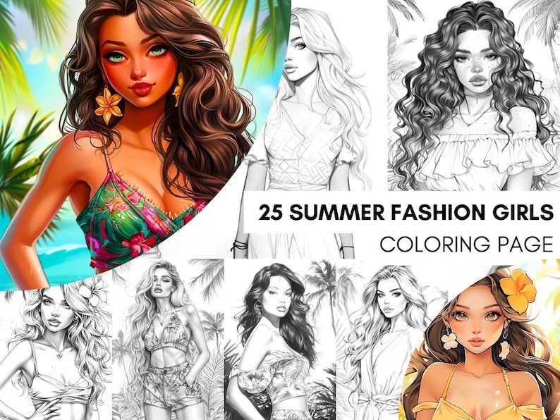 Summer Fashion Girl Coloring Book, Tropical Pages Women Adult Printable, Beach Theme Coloring Pages Adult, Instant Download PDF