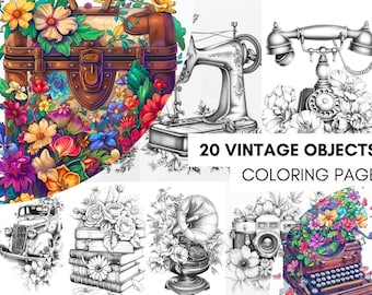 Libro para Colorear 20 Objetos Antigüedades Libros para Colorear con Lindas Paginas para Colorear Flores Retro, Para Ayudar a la Ansiedad