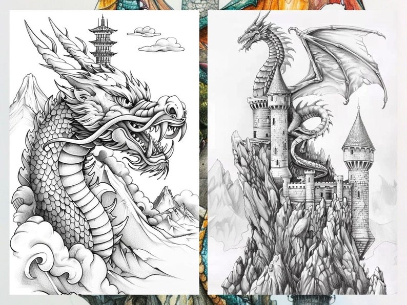 Op de afbeelding: Twee zwart-wit potloodtekeningen van draken. De eerste tekening toont een draak met een pagode op de achtergrond. De tweede tekening toont een draak die op een kasteeltoren zit.