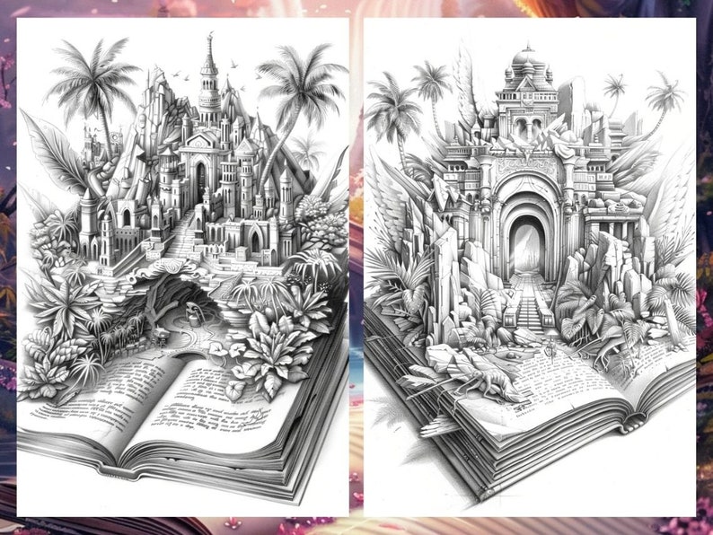 May include: Two black and white pencil drawings of fantastical cities emerging from open books. The first city is a castle with towers and spires. The second city is a grand palace with an archway and a winged figure above it.