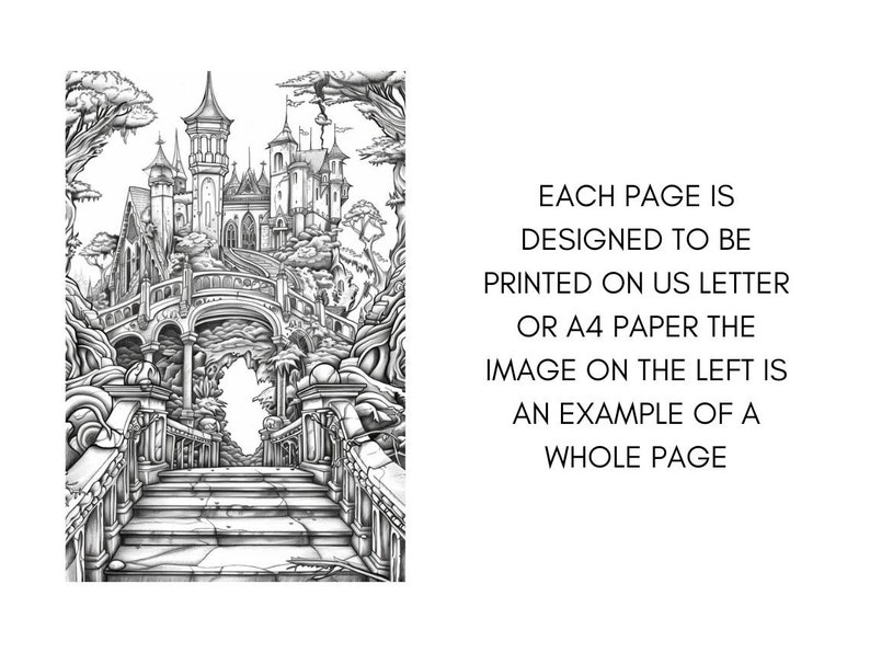Op de afbeelding: Een zwart-witte illustratie van een kasteel met een brug en een trap die er naartoe leidt. Het kasteel is omgeven door bomen en struiken. De afbeelding is ontworpen om te worden afgedrukt op A4- of US letter-papier.